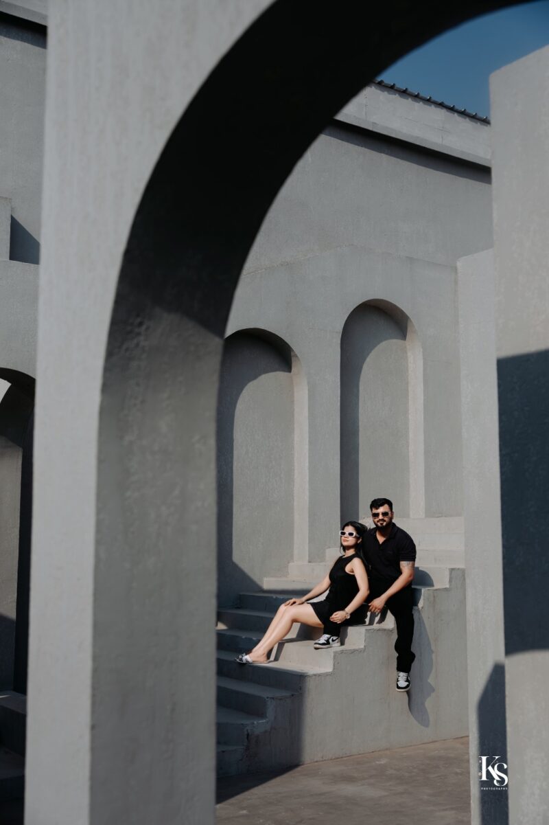 Creative pre wedding portrait at The Picture Villa Gurugram with editorial-style architecture and romantic couple photography.