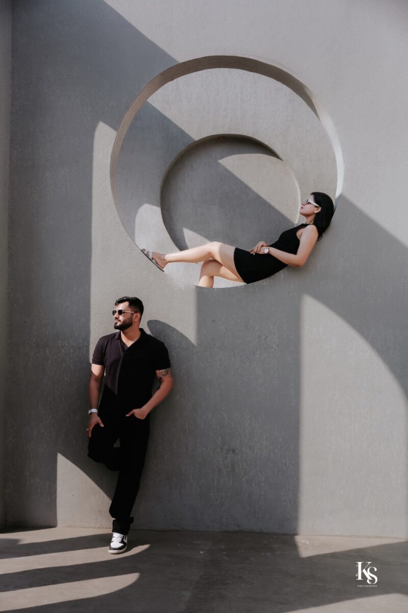 Luxury pre wedding photoshoot in Gurugram featuring elegant architecture and creative couple portraits.